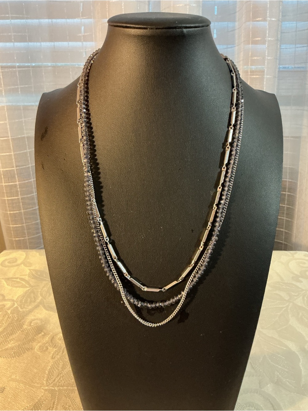 JK by Thirty-One Layered Multi Strand Gray Rhinestone Silver Tone Necklace